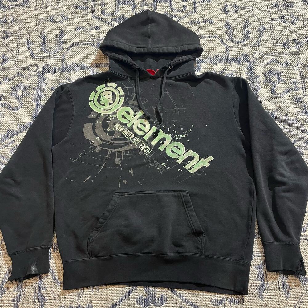 VTG Y2K Element Skater Black Graphic AOP Hoodie Faded and Distressed SZ M